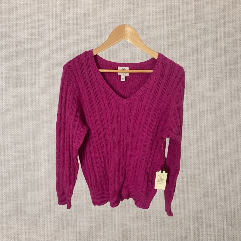 St. John's Bay Long Sleeve Fuchsia V Neck Cable Knit Sweater Top NWT Size 0X